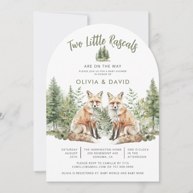 Invitation Jote Woodland Renards Baby shower jumeaux (Devant)
