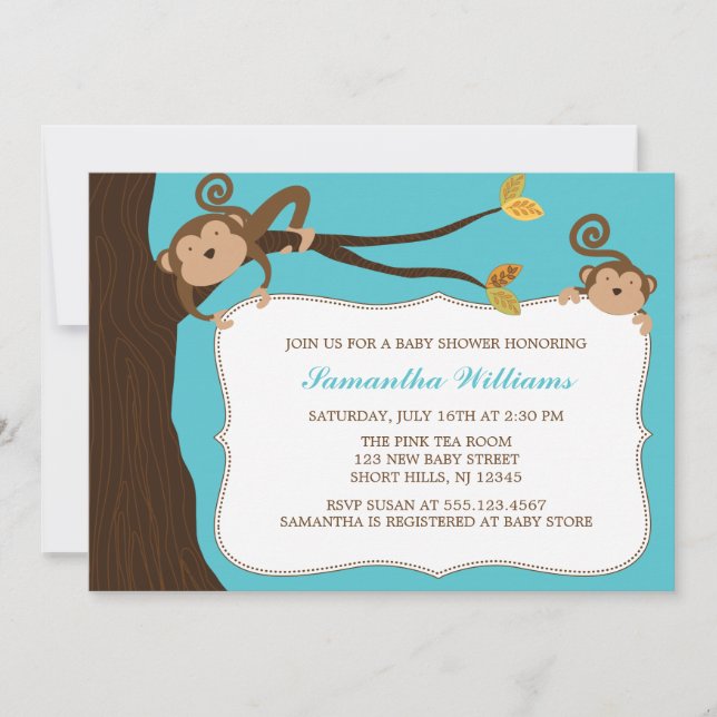 Invitation Jouer Baby shower des jumeaux de singes (Devant)