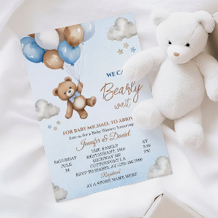 Invitation Jouer Blue Brown Ours nuageux Sky Baby shower