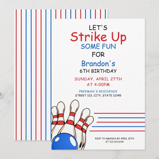 Invitation Jouer Red & Blue Bowling thème 6e anniversaire (Devant / Derrière)