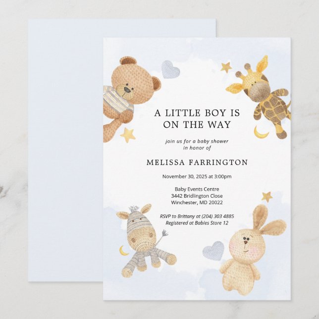 Invitation Jouet Céleste Pastel Blue Cute Baby shower Invitat (Devant / Derrière)