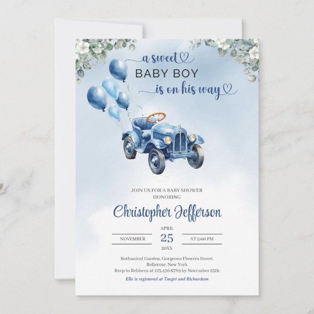 Invitation Jouet classique rétro voiture eucalyptus Baby show (Devant)