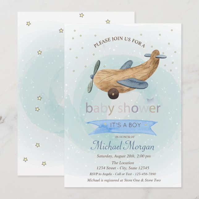Invitation Jouet d'avion, Stars présente Baby shower bleu (Devant / Derrière)