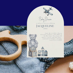 Invitation Jouets bébé crème et bleu Arche Fête de naissance 
