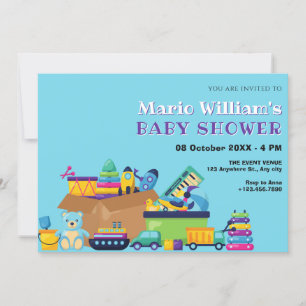 Invitation Jouets bleu baby shower bébé