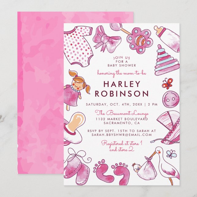 Invitation Jouets d'aquarelle rose mignon | Baby shower bébé  (Devant / Derrière)