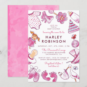 Invitation Jouets d'aquarelle rose mignon Baby shower bébé