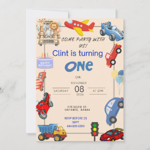 Invitation Jouets de véhicules pour 1er anniversaire