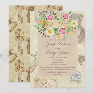 Invitation Jouets vintages Baby shower Floral