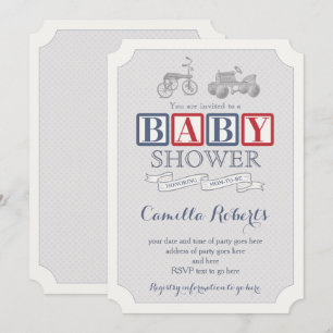 Invitation Jouets Vintages bleu de la Marine Rouge Baby showe