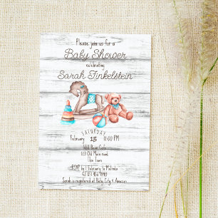 Invitation Jouets vintages rustiques baby shower en bois blan