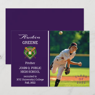 Invitation Joueur de base-ball photo Purple Graduation Invita