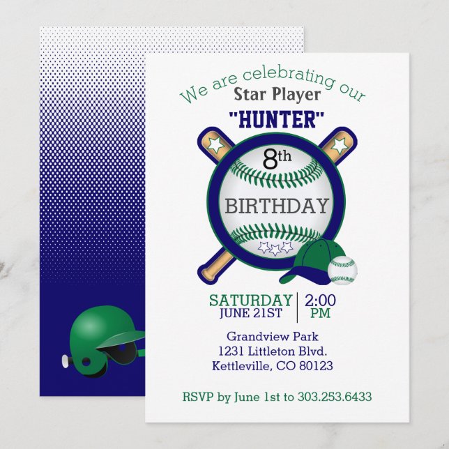 Invitation Joueur de baseball étoile Anniversaire (Devant / Derrière)