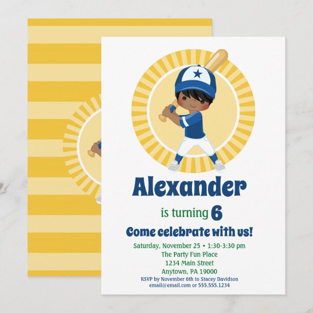 Invitation Joueur de baseball Hispanique Garçons Anniversaire (Devant / Derrière)