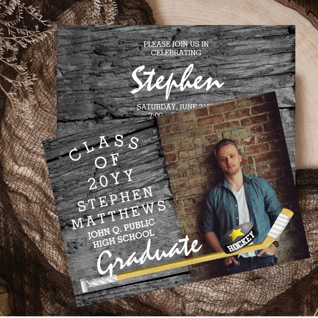 Invitation Joueur de hockey Sports Rustique Photo Graduation (Rustic Barnwood Hockey Player Photo Graduation Announcement and Party Invitation - Print | Digital)