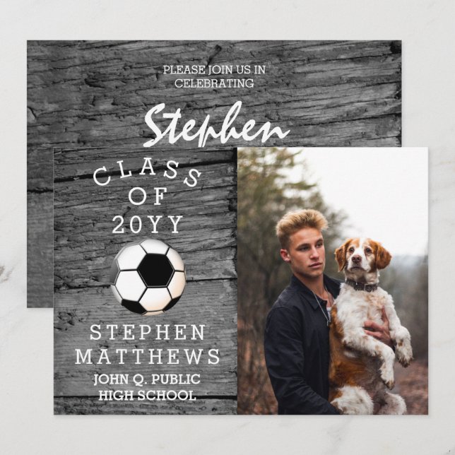 Invitation Joueur de soccer Rustic Photo Graduation (Devant / Derrière)