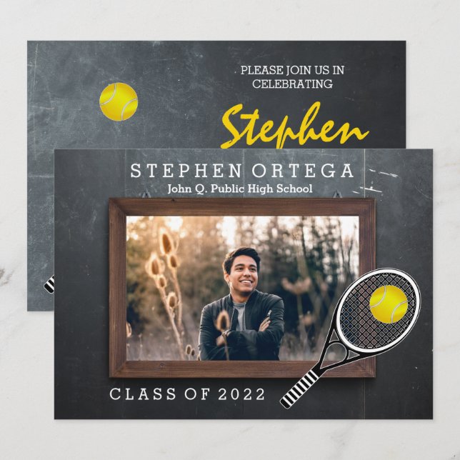 Invitation Joueur de tennis Chalkboard Photo Graduation (Devant / Derrière)