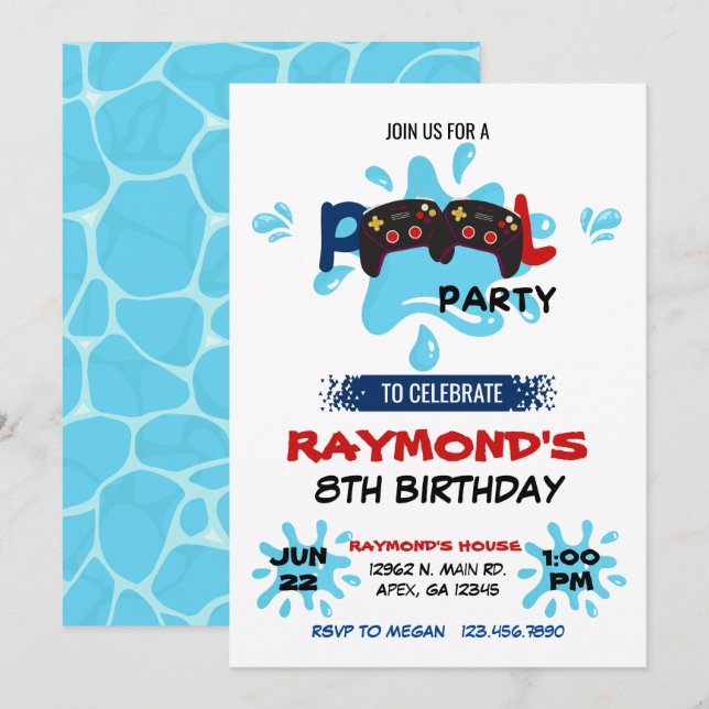 Invitation Joueur Pool fête Anniversaire (Devant / Derrière)