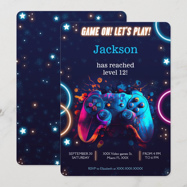 Invitation Jouons au jeu vidéo Anniversaire (Devant / Derrière)