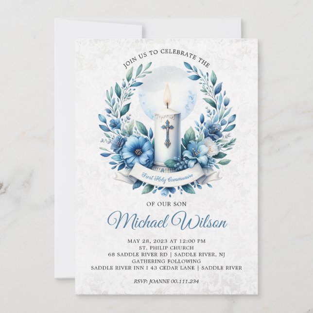 Invitation Jour béni Première Communion florale (Devant)