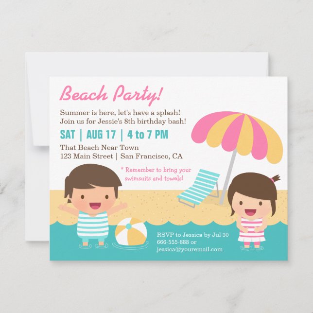 Invitation Jour d'anniversaire à la plage de Cute Kids Swimsu (Devant)