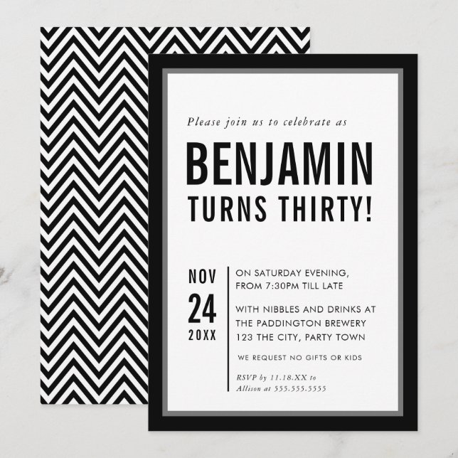 Invitation JOUR D'ANNIVERSAIRE ADULTE typographie moderne noi (Devant / Derrière)