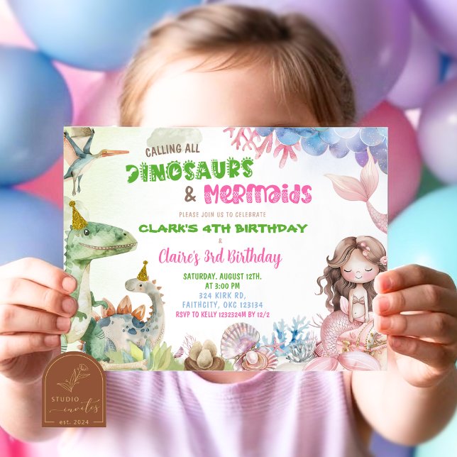 Invitation Jour D'Anniversaire Conjoint De Mermaid Et Dinosau (Créateur téléchargé)