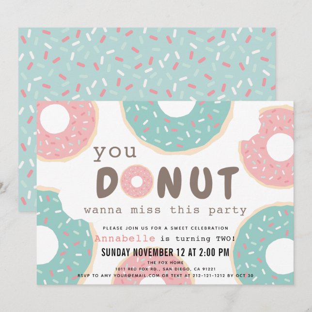 Invitation Jour d'anniversaire de Donut rose et menthe vert (Devant / Derrière)