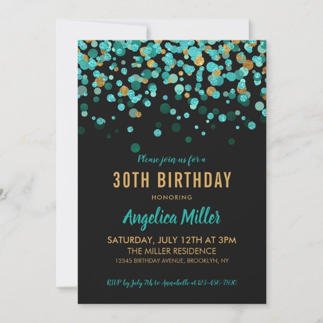 Invitation Jour d'anniversaire de la Confetti Turquoise Gold  (Devant)