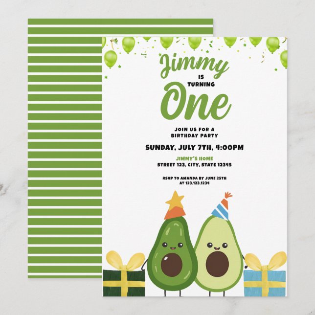 Invitation Jour d'anniversaire de l'Avocado aux fruits verts (Devant / Derrière)