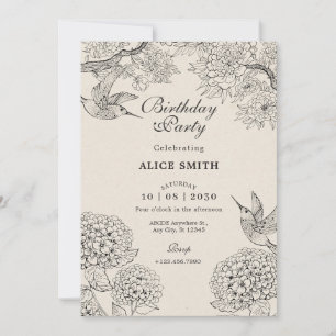 Invitation Jour d'anniversaire de l'hydrangée d'oiseaux beige