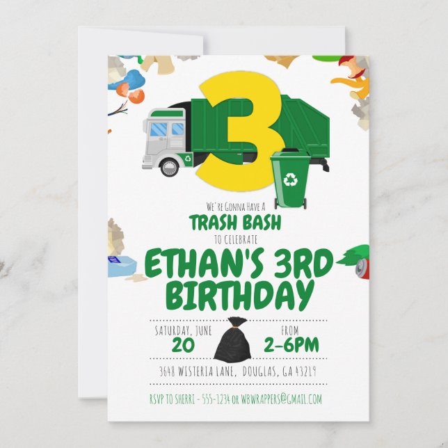 Invitation Jour d'anniversaire du camion-poubelle, du camion- (Devant)