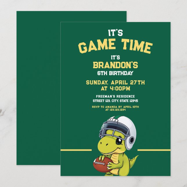 Invitation Jour d'anniversaire du Dinosaure de football vert  (Devant / Derrière)