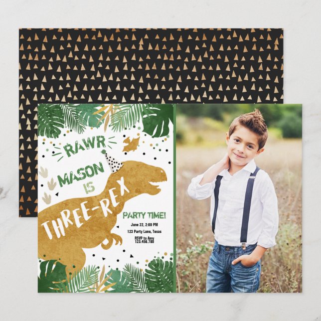 Invitation Jour d'anniversaire du garçon d'or Dinosaur T-Rex  (Devant / Derrière)