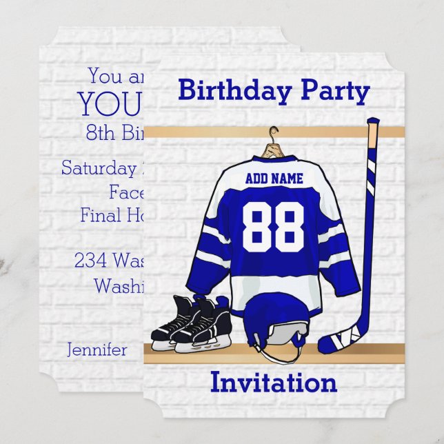 Invitation Jour d'anniversaire du hockey sur glace bleu et bl (Devant / Derrière)