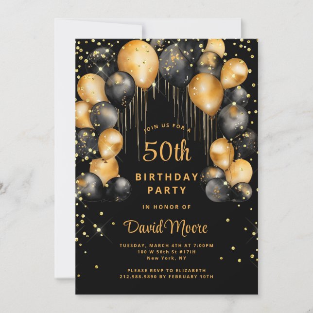 Invitation Jour d'anniversaire moderne 50th Black Gold (Devant)