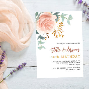 Invitation Jour d'anniversaire rose or fleuri vert luxe