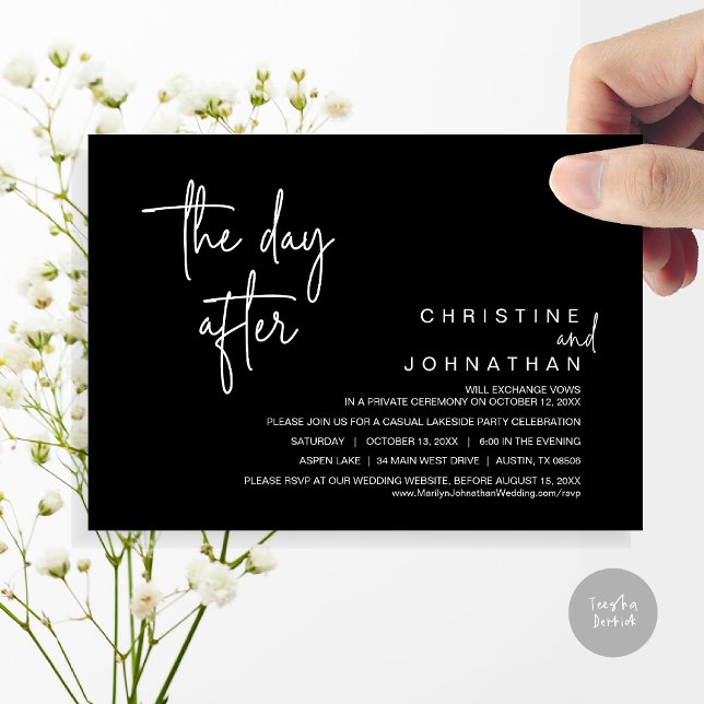 Invitation Jour d'après, Post Mariage Elopement Party, Noir (The Day After, Modern Post Wedding Party Invitation Card, PDF, in classy black)