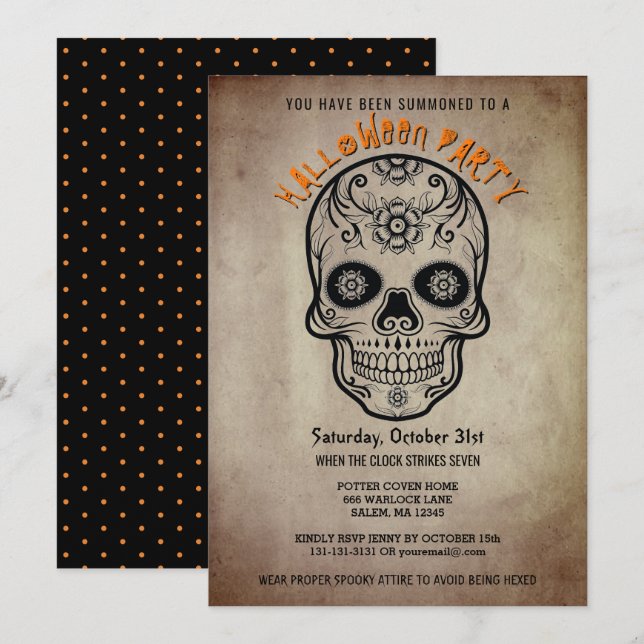 Invitation Jour de crâne de sucre de partie de Halloween de (Devant / Derrière)