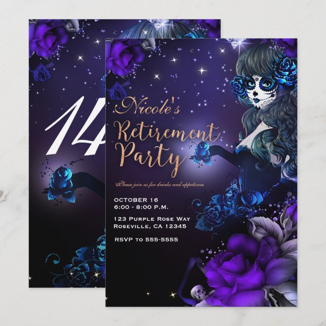 Invitation Jour de la Dead Girl Purple Blue Retraite Party (Devant / Derrière)