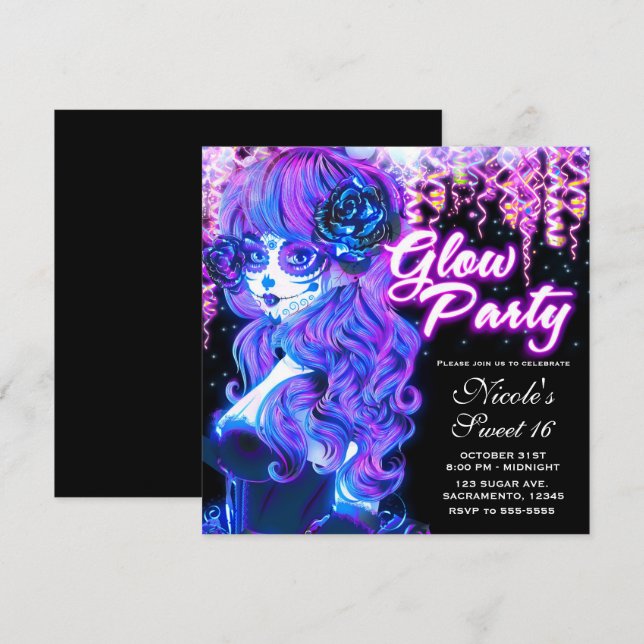 Invitation Jour de la Dead Sugar Skull Girl Glow Neon Party (Devant / Derrière)