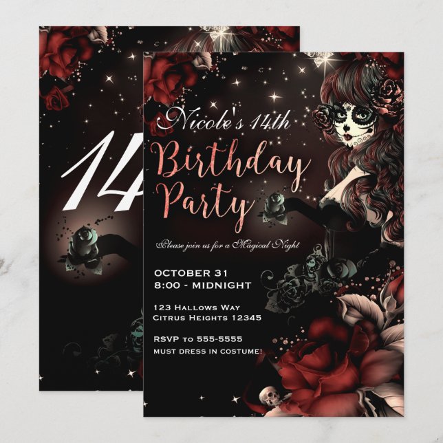 Invitation Jour de la Fille Morte Fête d'Anniversaire Rouge N (Devant / Derrière)