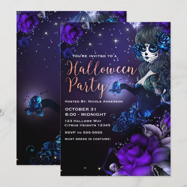 Invitation Jour de la Fille Morte Purple Blue Halloween Party (Devant / Derrière)