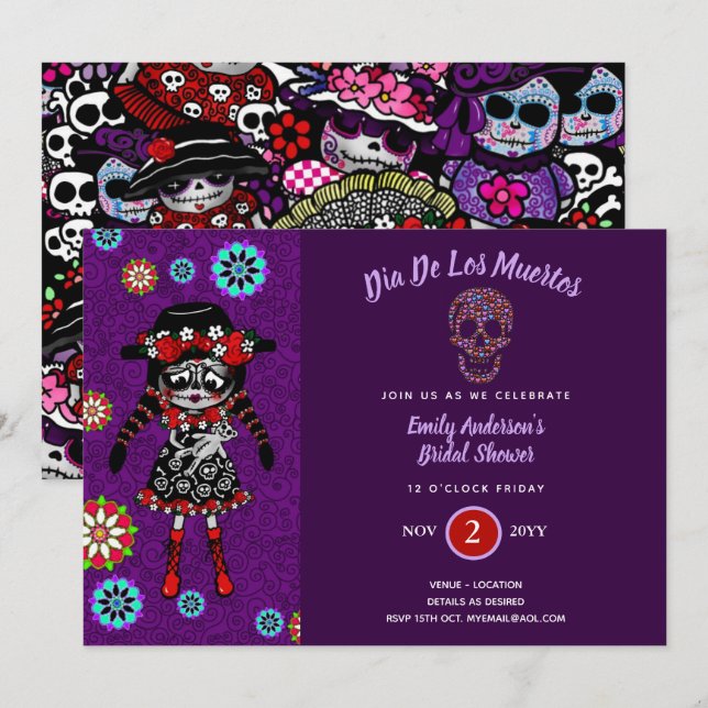 Invitation Jour de la mort Baby shower nuptiale crâne à sucre (Devant / Derrière)