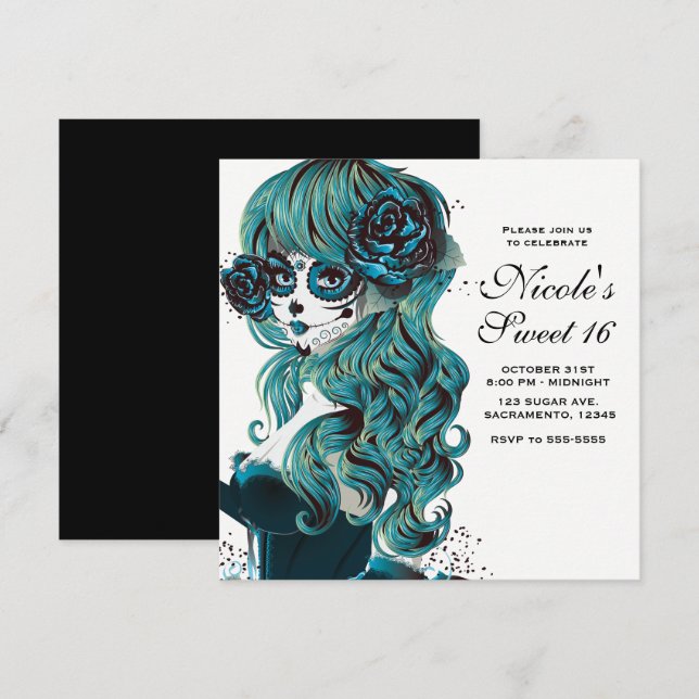 Invitation Jour de la mort beau crâne sucre doux 16 (Devant / Derrière)