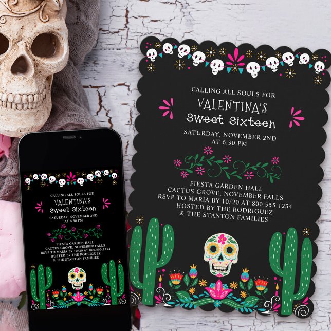 Invitation Jour de la mort crâne floral doux 16 (Day of the Dead Sweet Sixteen Invite from my Dia de los Muertos collection)
