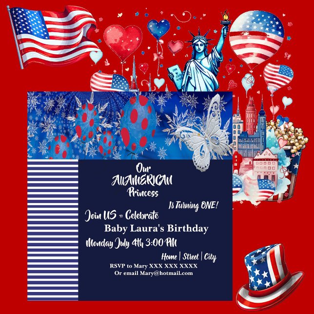Invitation Jour de la naissance du phlon du drapeau patriotiq (Patriotic American Flag Butterfly Balloon BirthDay Invitation)