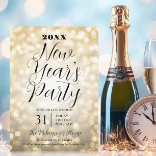 Invitation Jour de la Saint-Sylvestre moderne Gold Bokeh Lumi