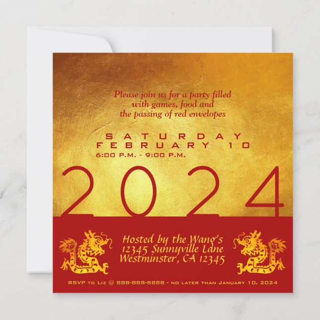 Invitation Jour de l'an chinois Dragon 2024 Red Gold Party Sq (Dos)