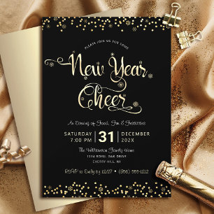 Invitation Jour de l'année Jouer Noir Script Confetti Party